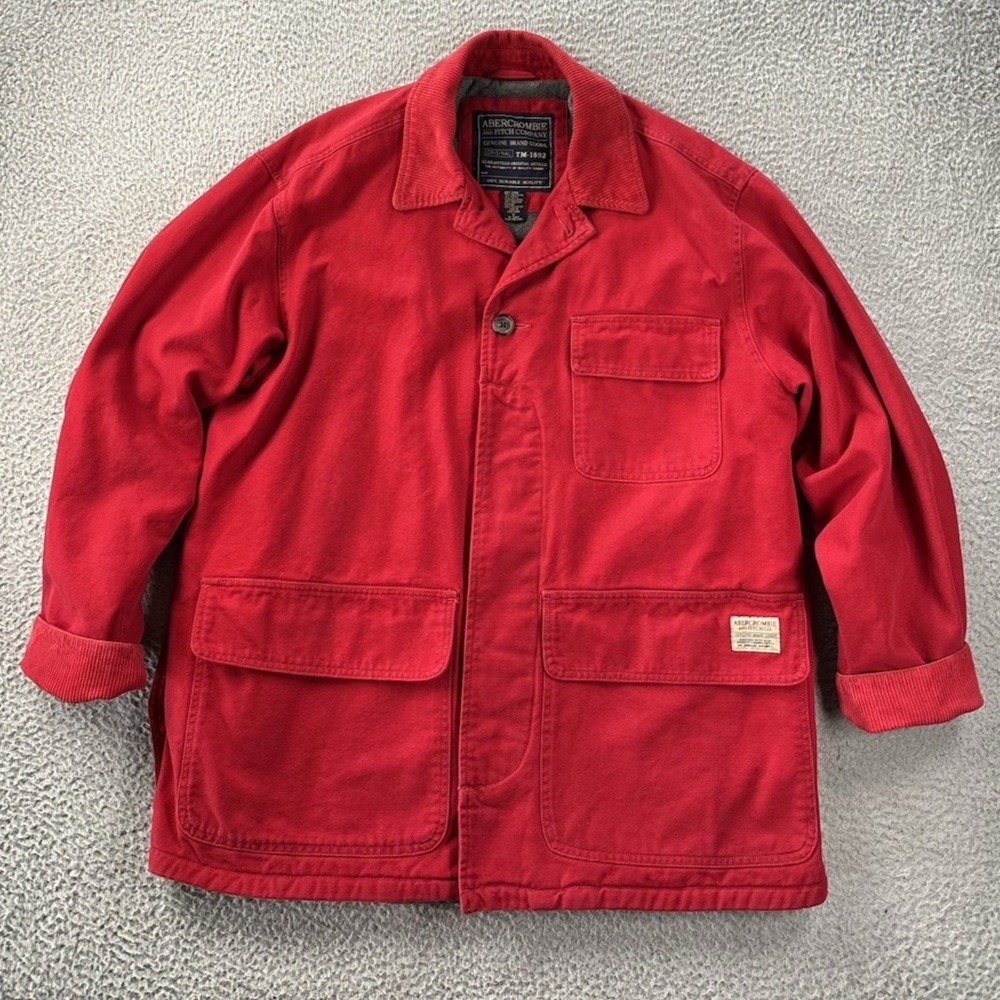Vintage Abercrombie & Fitch Chore Coat Medium Red Corduroy Trim Oversized Lined - Picture 2 of 16